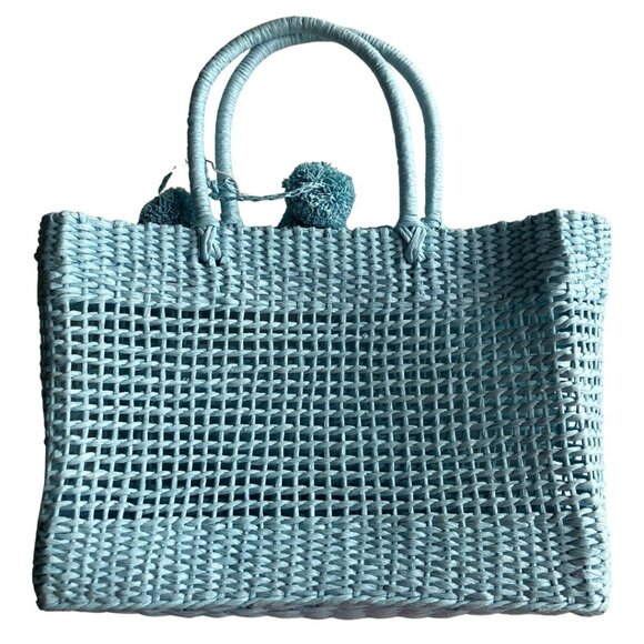 NEW C&C California Pom-Pom Structured Woven Tote Beach Bag Purse Light Blue - Picture 3 of 6